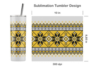Knitted Christmas pattern. Seamless sublimation template for 20 oz skinny tumbler. Sublimation illustration. Seamless from edge to edge. Full tumbler wrap.