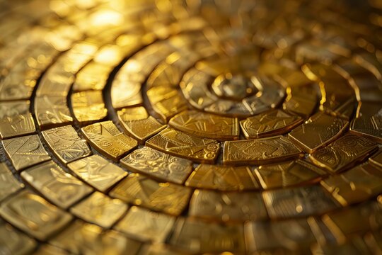 A close up of a gold plate with a circular design