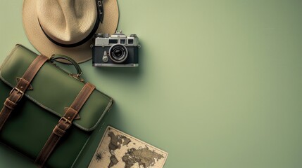 A demonstration of retro-themed vacation items, a bag, a hat, a camera and a map, on a soft green background, with a place for text