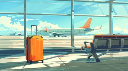 An orange suitcase stands at the window in the airport terminal, with a plane and blue sky in the background