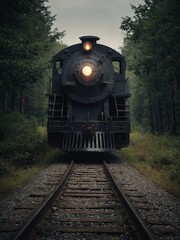 Obraz premium Vintage train advancing along tracks, cutting through dense, misty forest. Headlight of train pierces fog, illuminating path ahead. Overcast sky.