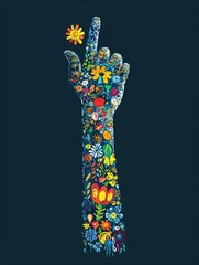 Obraz premium Colorful floral artwork of a hand pointing upwards, symbolizing growth, positivity, and creativity on a dark background.