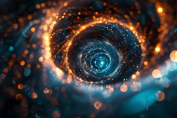 Spiral object with blue center and gold lights