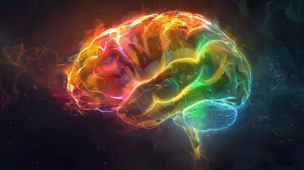 scifi artwork brain. rainbow glowing brain digital art. human brain technology concept digital. organ anatomy realistic