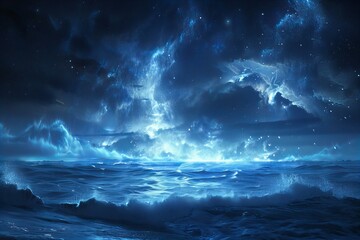Stars above a blue ocean with clouds