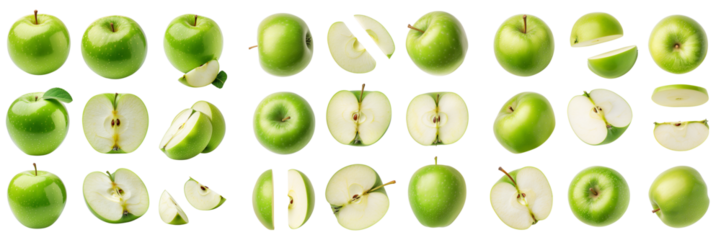 Green apple fruit, different angles and view side top front group sliced halved cut isolated on transparent background