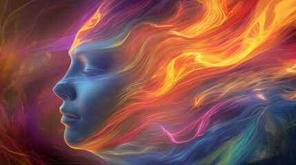 Obraz premium A face transforming with flowing, colorful energy lines, symbolizing personal growth. Dynamic and dramatic composition, with cope space