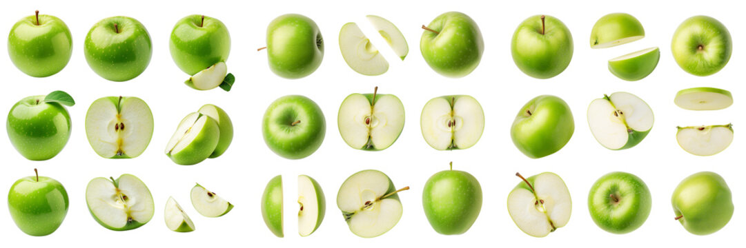 Green apple fruit, different angles and view side top front group sliced halved cut isolated on transparent background
