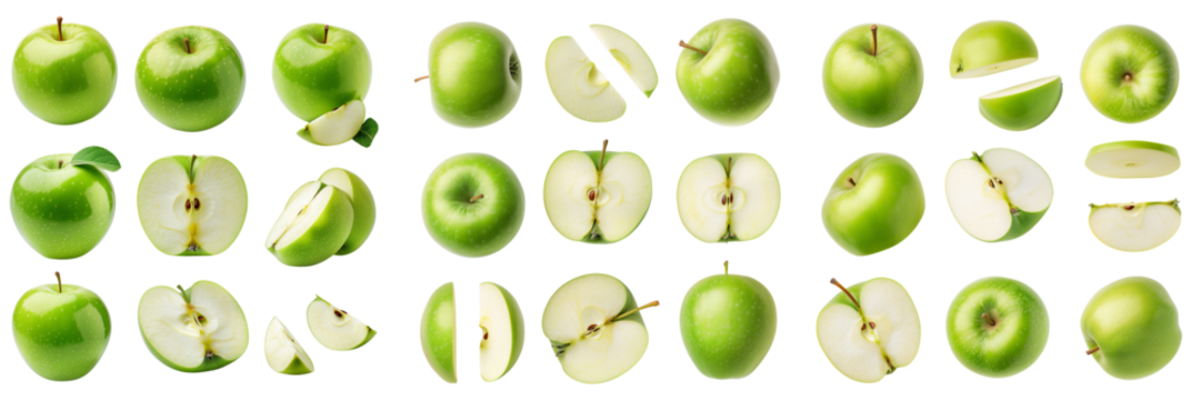 Green apple fruit, different angles and view side top front group sliced halved cut isolated on transparent background