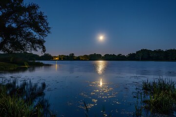 Obraz premium View of a lake with a full moon in the sky