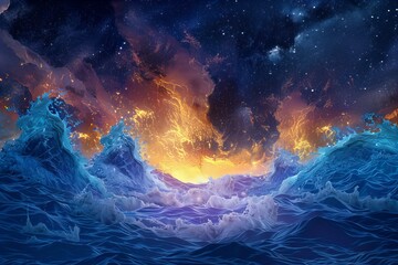 A painting of a sunset over a body of water with waves