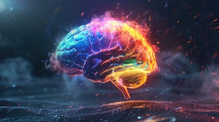 scifi artwork brain. rainbow glowing brain digital art. human brain technology concept digital....