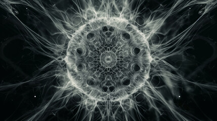 A detailed mandala created with neurographic lines, radiating energy. Dynamic and dramatic composition, with cope space