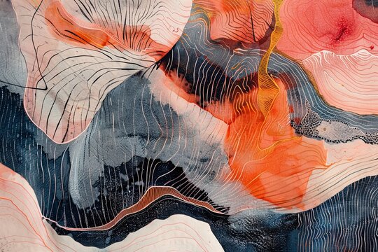 A vibrant abstract organic form that blends fluid, realistic, and fantastical elements. Painting on Dark Background with Gold Brush Strokes