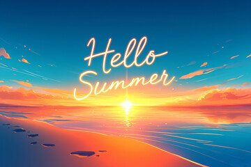 Hello summer text on summer landscape background with ocean, beach and beautiful sunset sky. Calligraphy lettering. Travel and vacation concept. Greeting card or banner in retro style
