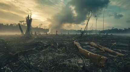 Haunting image of a cleared forest area with a few remaining trees, representing the devastating...