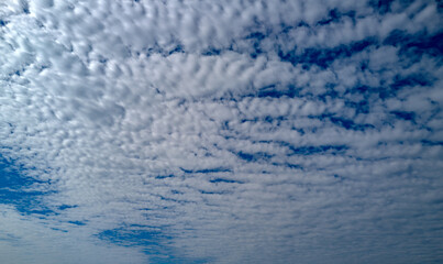 Cloud on blue sky with copy space. Pastel soft fluffy clouds with empty space for banner. Paradise dreamy concept. Real sky background with clouds. Poster with Clouds.