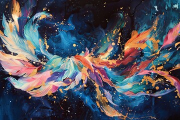 A vibrant abstract organic form that blends fluid, realistic, and fantastical elements. Painting on Dark Background with Gold Brush Strokes