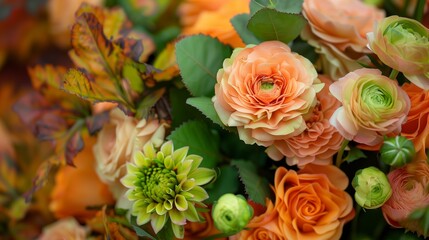 Floral, Detailed orange and green bouquet with blooming roses and dahlias, perfect for botanical photography and design.