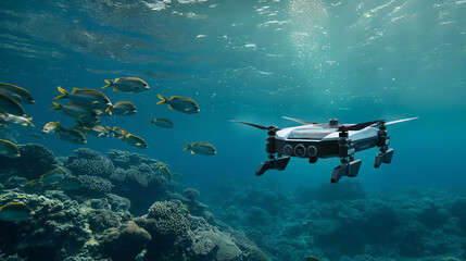 Underwater Exploration with High-Tech Drone and Marine Life, Capturing the Beauty of Coral Reefs and Oceanic Biodiversity