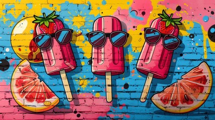 summer pop art icons, vibrant pop art collage backdrop featuring summer symbols like popsicles, sunglasses, and beach balls, adding a fun element to any creation