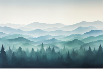 Obraz premium The painting features a misty mountain range with trees in the front. It beautifully portrays a natural landscape with the sky and grassland elements included