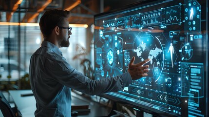 Fototapeta premium Interactive Data Analysis,A professional using a large touchscreen interface to analyze and visualize complex data, highlighting the integration of technology and business.