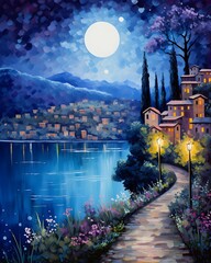 Beautiful night view of lake with houses and flowers. Digital painting.
