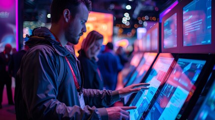 People engaging with interactive digital exhibits in a vibrant, neon-lit environment, showcasing advanced technology and multimedia displays.