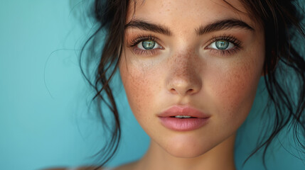 Fototapeta premium Portrait of beautiful woman. Woman with black hair takes care about skin. Beauty concept. Skin concept. Woman concept. Care concept.