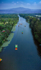 The serene beauty of Xochimilco as vibrant boats gracefully navigate its sunlit canals, surrounded by lush greenery and the lively colors of Mexican culture