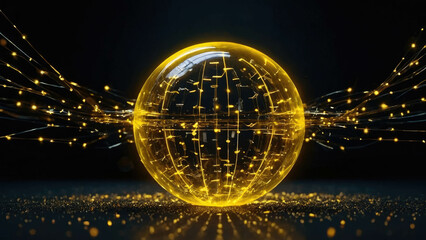 Abstract yellow background with golden wireframe round sphere with particles, space for text