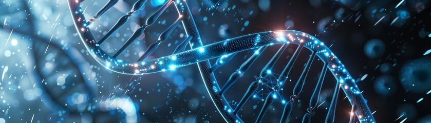 A futuristic depiction of a DNA double helix with neonlit segments and holographic elements
