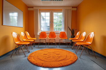 image depicting a circle of chairs, whiteboard, and a supportive environment for healing and self-reflection group therapy session concept