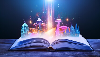 Illustration of a magical book that contains fantastic stories