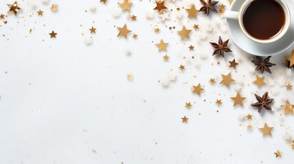 In the center of a white background, there is a cup of coffee adorned with gold stars around it
