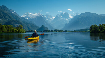 nature relaxation, a pair kayaking on a serene lake, framed by scenic mountains under blue skies, with only oars softly paddling and distant birdsong for company