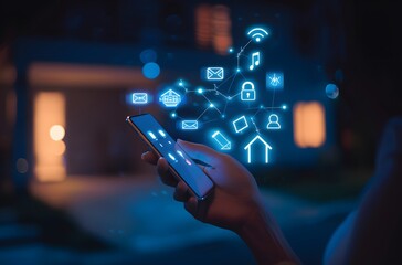 Hand Holding Mobile Phone with Glowing Digital Icons on Dark Background