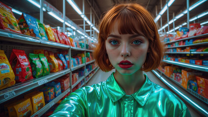young smiling 20 year old woman with red hair taking a selfie among the shelves of a supermarket as a background