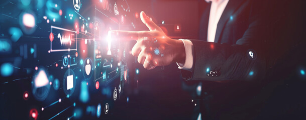 Businessman touching a digital screen with a virtual hologram of web, data and security icons