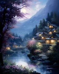 Digital painting of a house on the bank of a mountain river.
