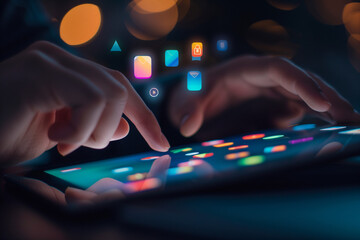 Close up of hands using a mobile app interface with colorful squares on a dark background, in the digital marketing concept