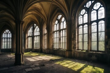 Fototapeta premium Old abandoned castle with natural light in old style large glass windows