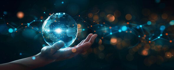 A hand holding an AI ball with data and technology icons floating around it, set against the...