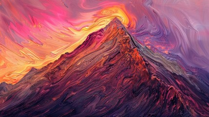 Sunrise on a mountain peak, abstract, oil-painted texture, swirling colors of pink and orange, soft...