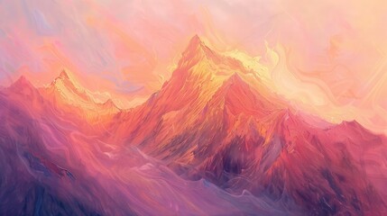 Sunrise on a mountain peak, abstract, oil-painted texture, swirling colors of pink and orange, soft...