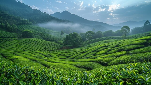 agricultural landscapes, meticulously managed green tea plantations sprawl over rolling hills under a clear blue sky, showcasing the serene beauty of an agricultural landscape