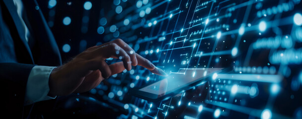 
Businessman touching a digital screen with a virtual hologram of web, data and security icons on a dark background for a business technology concept. 
