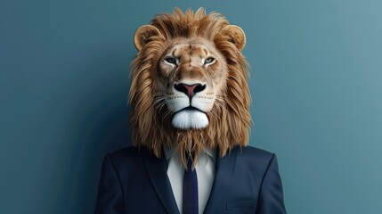 Stylish lion in an elegant business suit on a blue background. Generative AI realistic