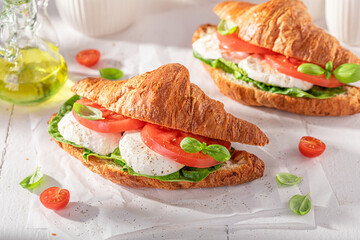 Hot and homemade french croissant in spring morning.